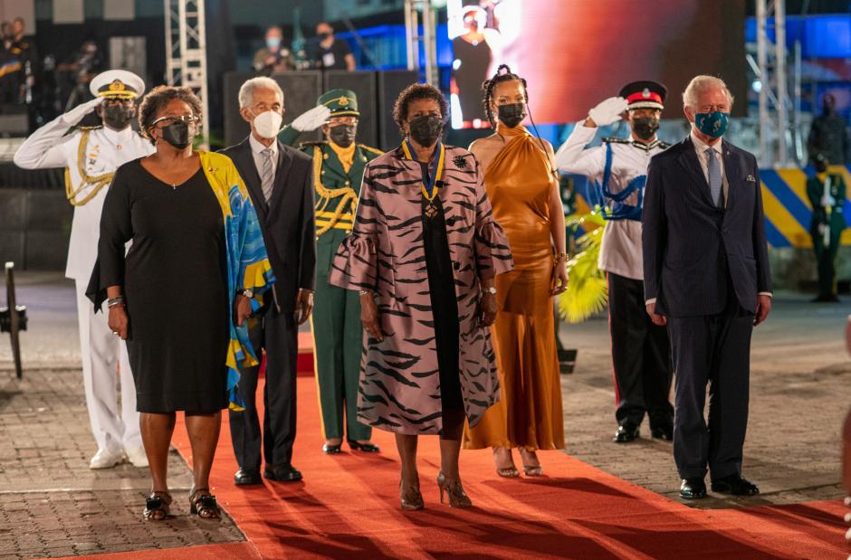 Barbados' Prime Minister Mia Mottley, former cricketer Garfield Sobers, new President Sandra Mason, singer Rihanna and The Prince Charles of Wales at the Presidential Inauguration Ceremony to mark the birth of a new republic in Barbados, Bridgetown, Barbados, November 30, 2021.