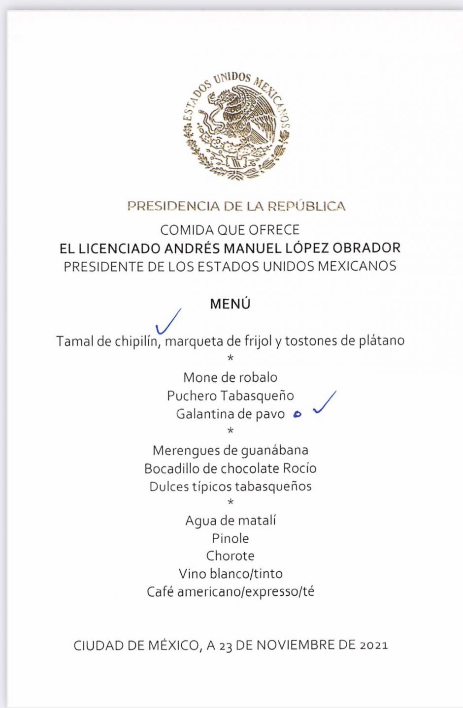 Menú de la comida que el presidente López Obrador ofreció a empresarios el pasado 21 de noviembre