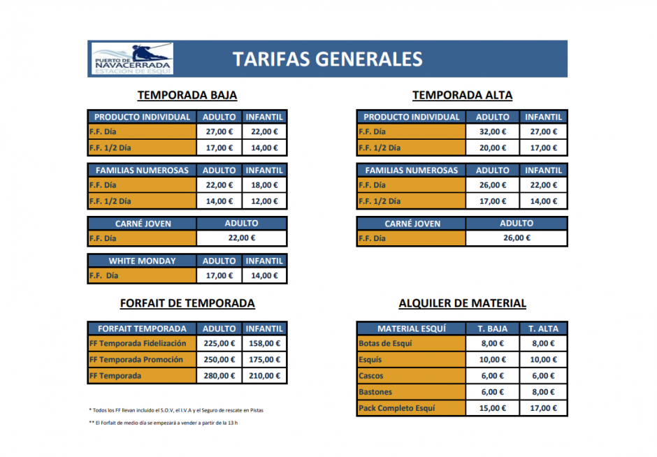 Las tarifas de la temporada 21/22 en la estación de esquí de Navacerrada