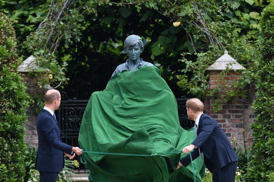 Prince William Duke of Cambridge and Prince Henry Duke of Sussex during a inauguration of statue of their mother Diana, Princess of Wales,  at Kensington Palace, London, on what would have been her 60th birthday. Picture date: Thursday July 1, 2021.