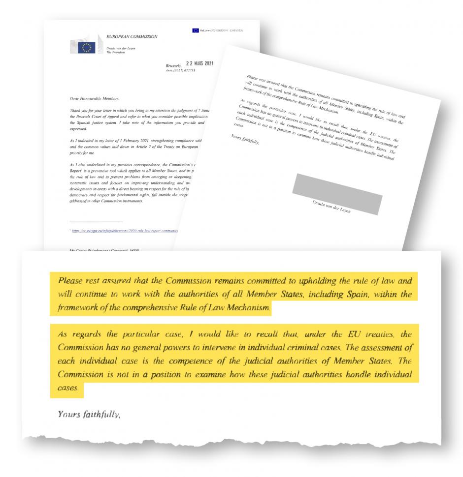 La carta enviada por Von der Leyen a Puigdemont el 22 de marzo de 2021, en la que le insiste en que es España y no la UE a la que le compete su caso.