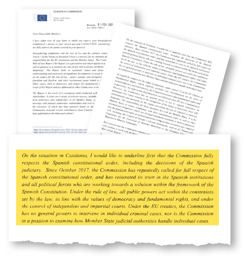 La misiva de la presidenta de la CE a Puigdemont enviada el 1 de febrero de 2021, en la que le reitera que la Comisión respeta el orden constitucional español y a sus tribunales