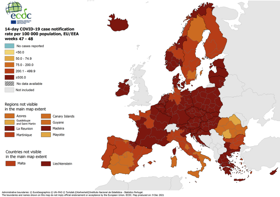 Tasa de notificación en 14 días por 100.000 habitantes. Semáforo europeo