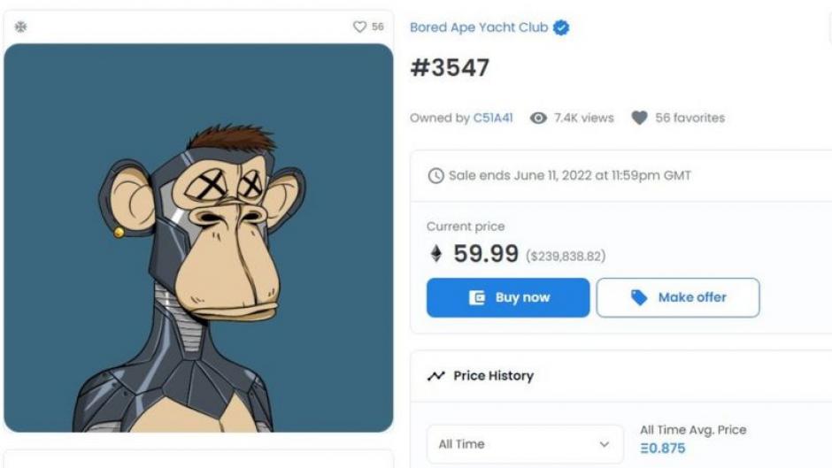 'Bored Ape #3,547', la pieza que se ha vendido erróneamente