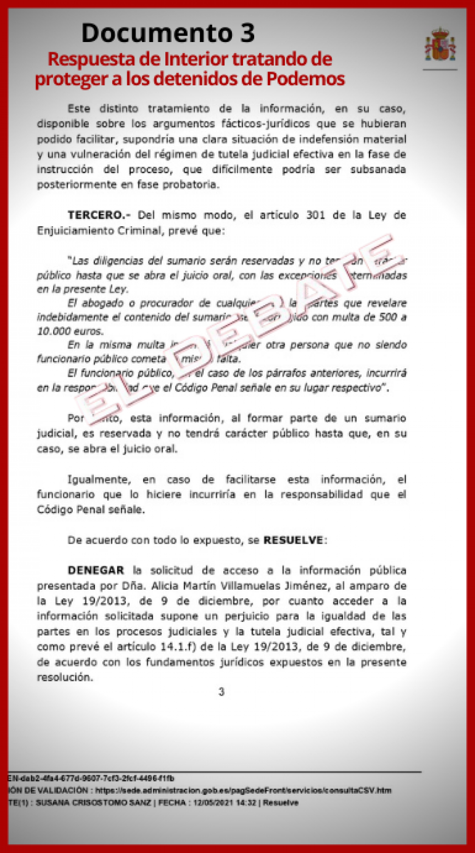 Documento 3 Respuesta de Interior protegiendo a los detenidos de Podemos