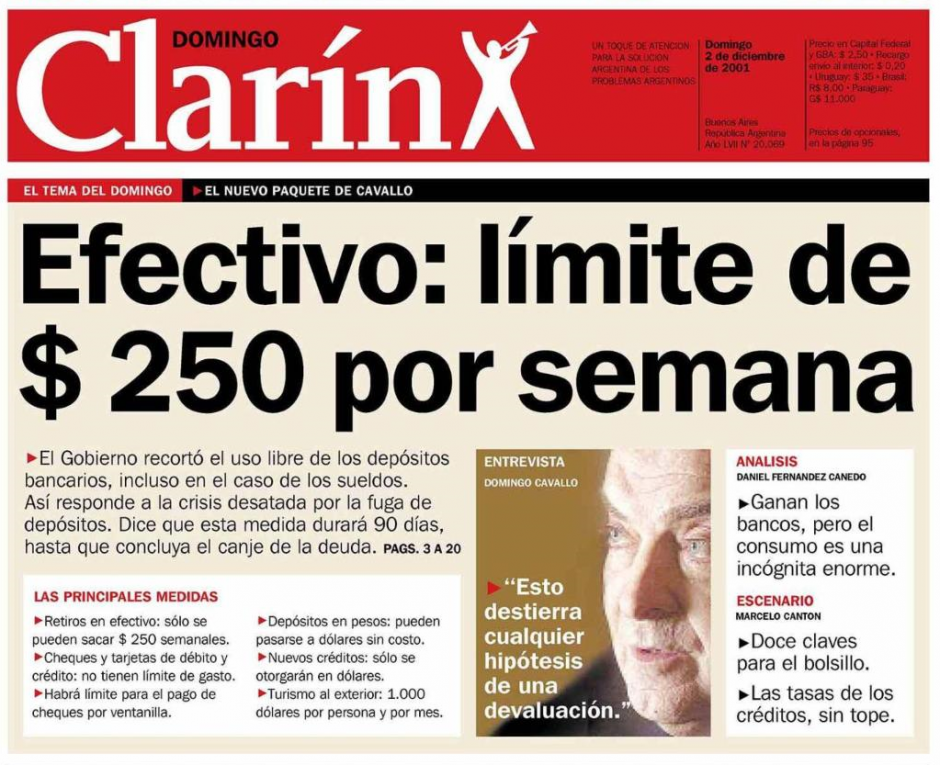 Detalle de la portada de 'Clarín' del 2 de diciembre de 2001
