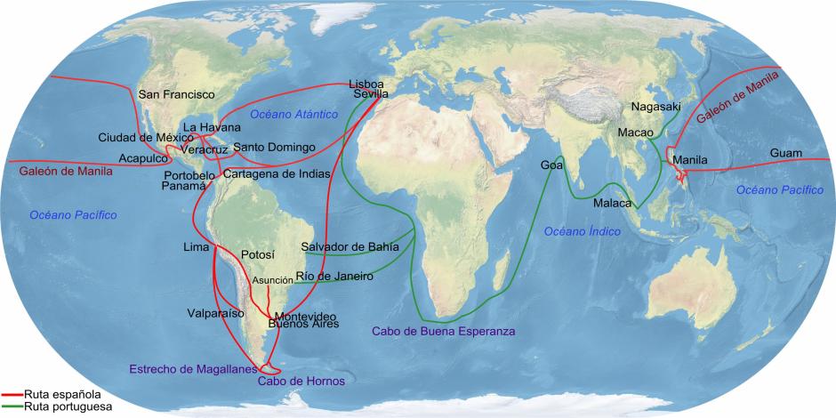 Principales rutas comerciales del Imperio español. En rojo las españolas y en verde las portuguesas
