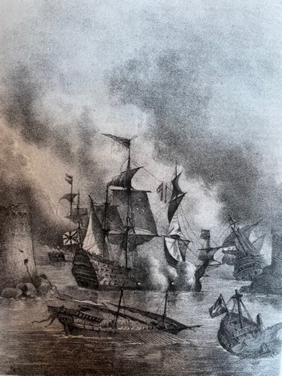 Destrucción de la flota de Indias en Vigo. Tomado de Rafael del Castillo,1878