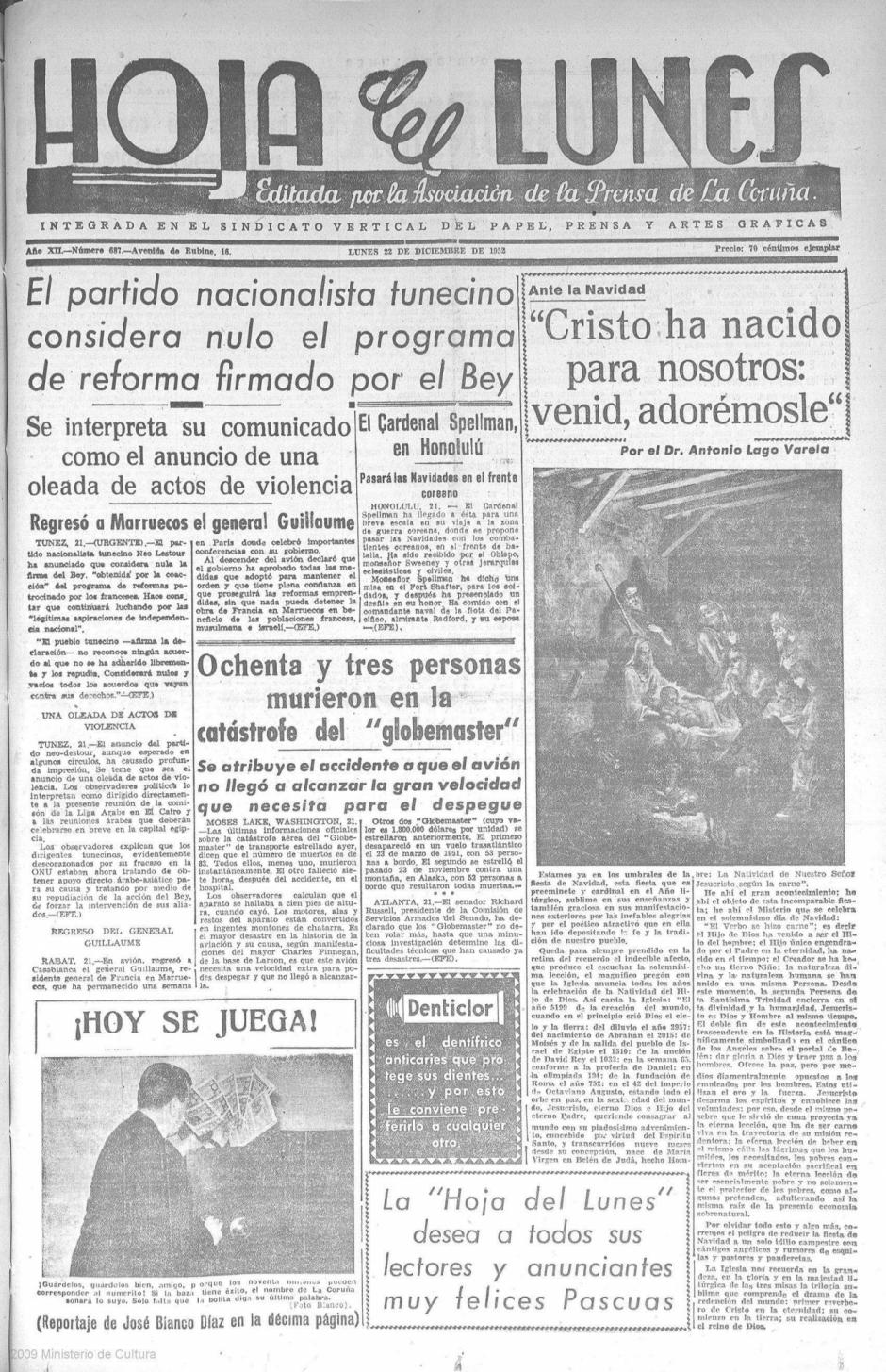 Primera página de la ‘Hoja del lunes’ coruñesa del 22 de diciembre de 1952