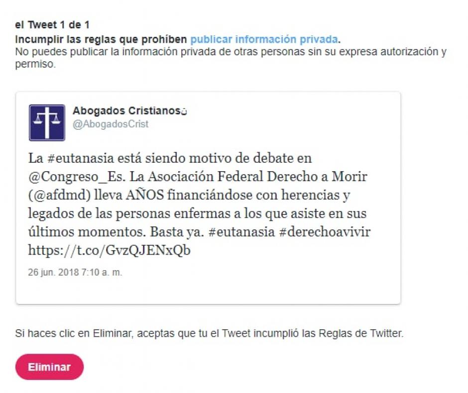 Captura del mensaje enviado por Twitter a Abogados Cristianos comunicando la restricción de acceso a su perfil