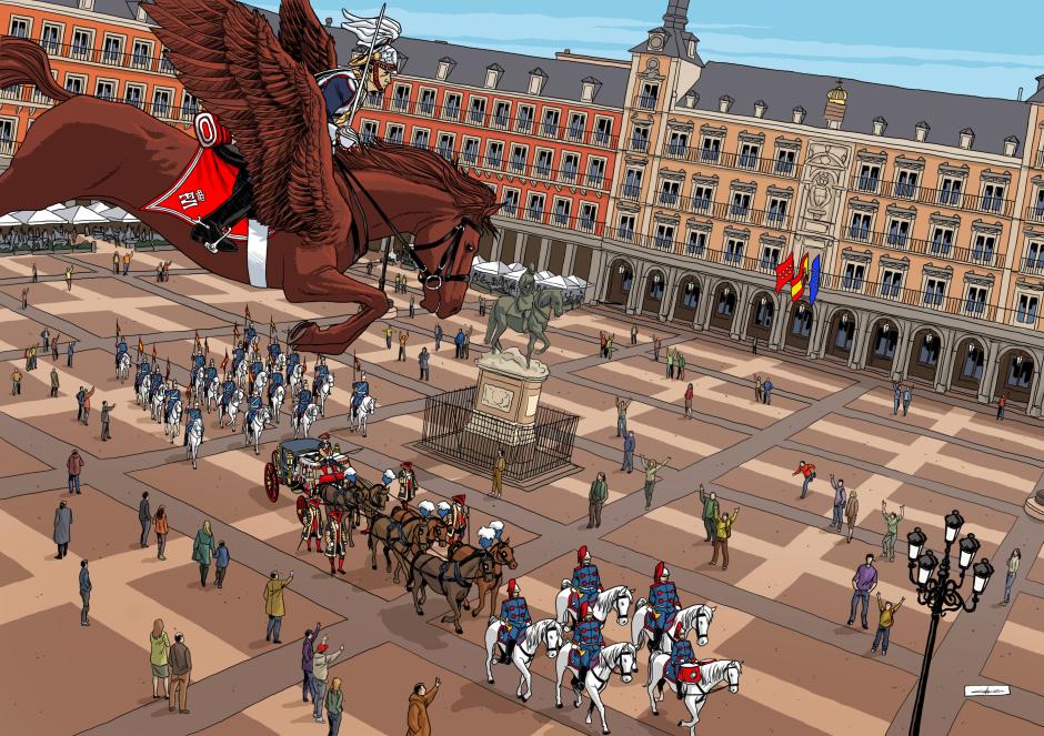 Un pegaso coracero por la Plaza Mayor de Madrid, a la llamada del Escuadrón de Escolta Real.
