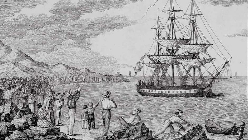 El navío María Pita zarpa de La Coruña en 1803. Grabado de Francisco Pérez