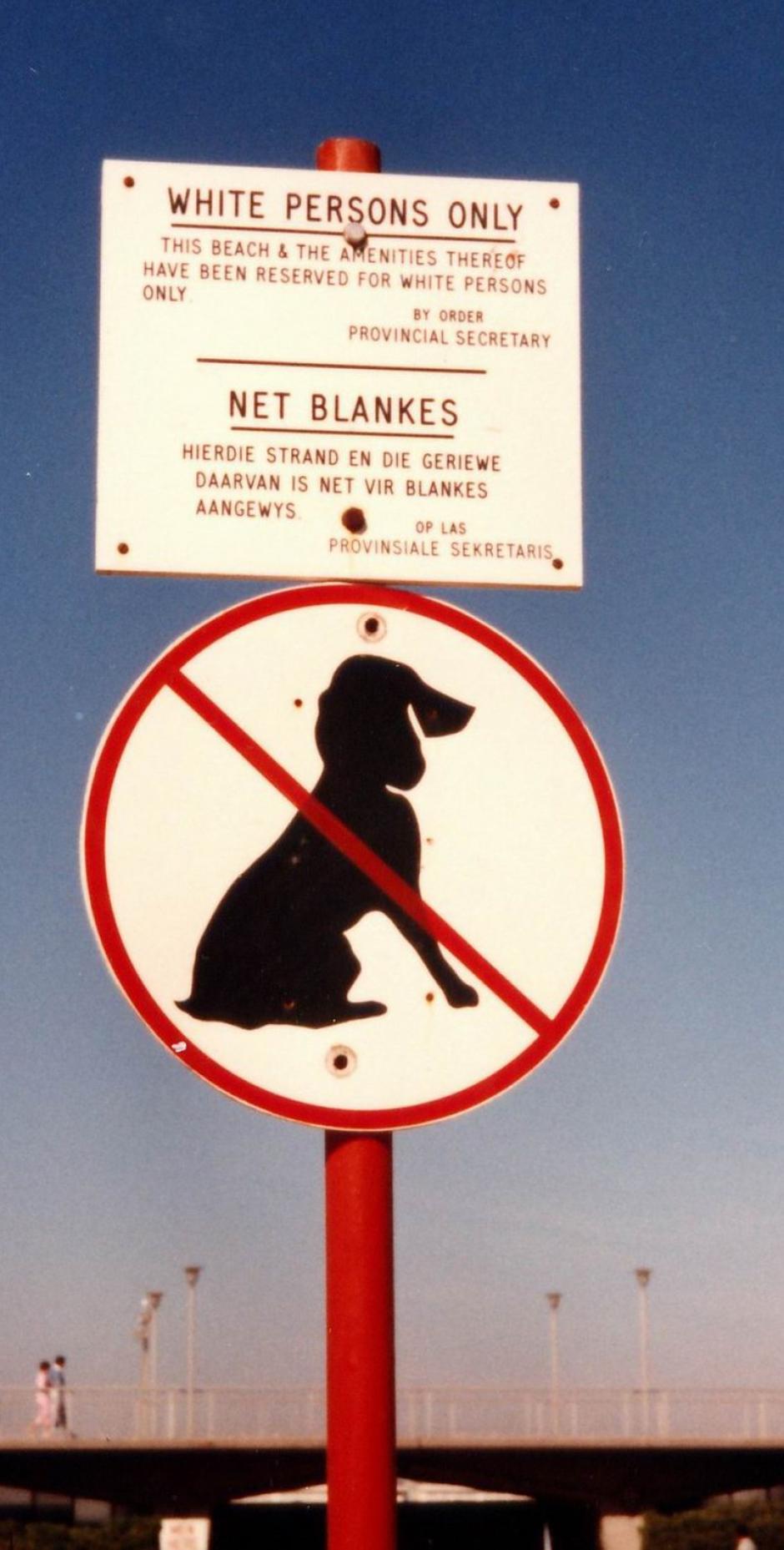 Carteles en una playa de Ciudad del Cabo, en 1985: uno restringe el acceso solo a blancos y el otro prohíbe la entrada de perros
