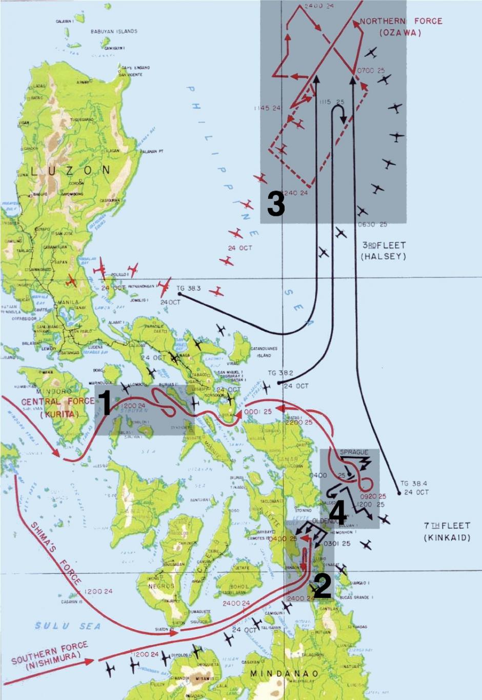 Mapa de los cuatro encuentros de la Batalla del golfo de Leyte. 1: el paso de Palawan, 2: batalla del estrecho de Surigao, 3: batalla del cabo Engaño y 4: batalla de Samar. En rojo, los movimientos de la flota japonesa y sus principales ataques aéreos