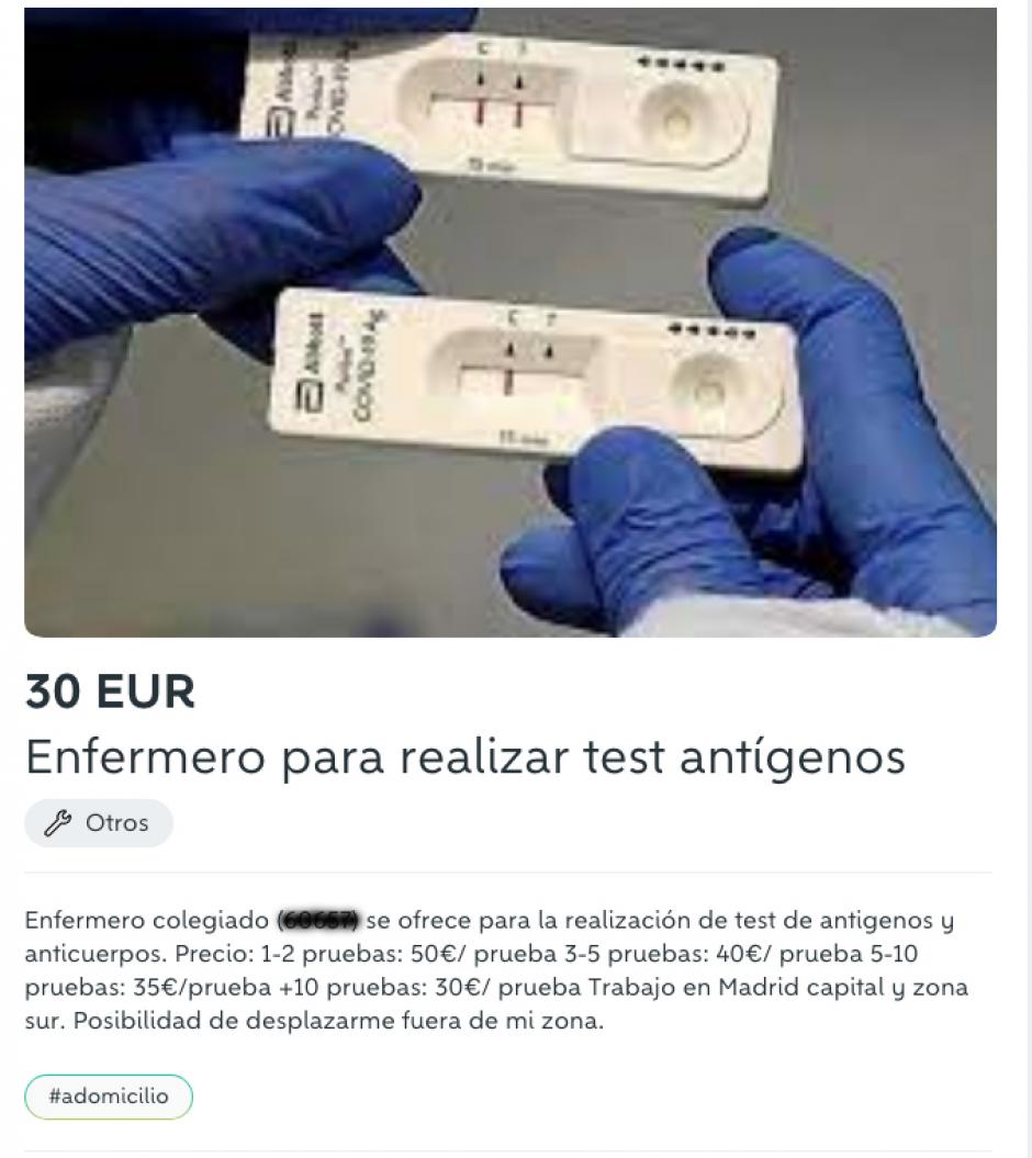 Un anuncio de un test de antígenos en Wallapop