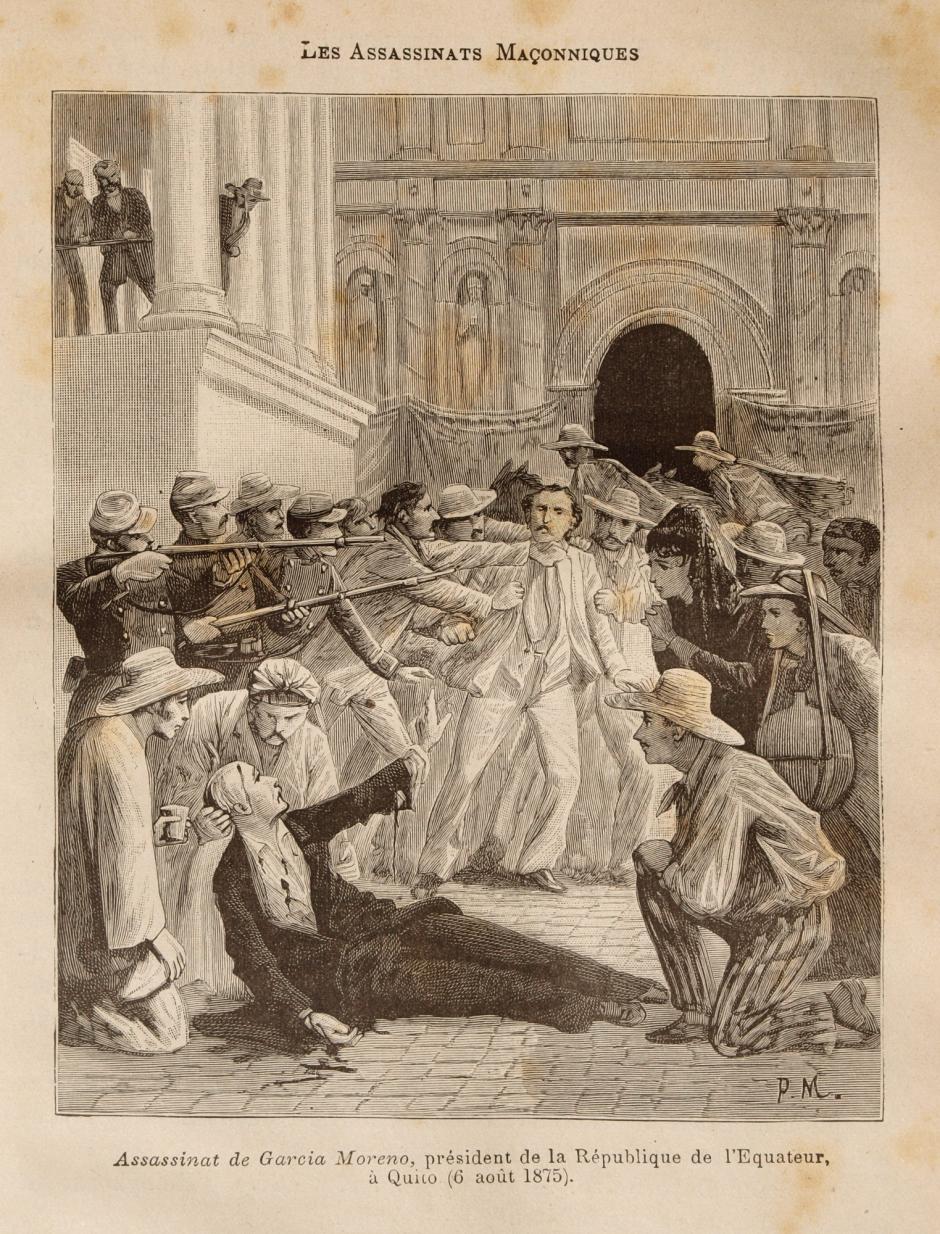 El asesinato de Gabriel García Moreno, con dibujo de Pierre Méjanel y grabado por François Pannemaker