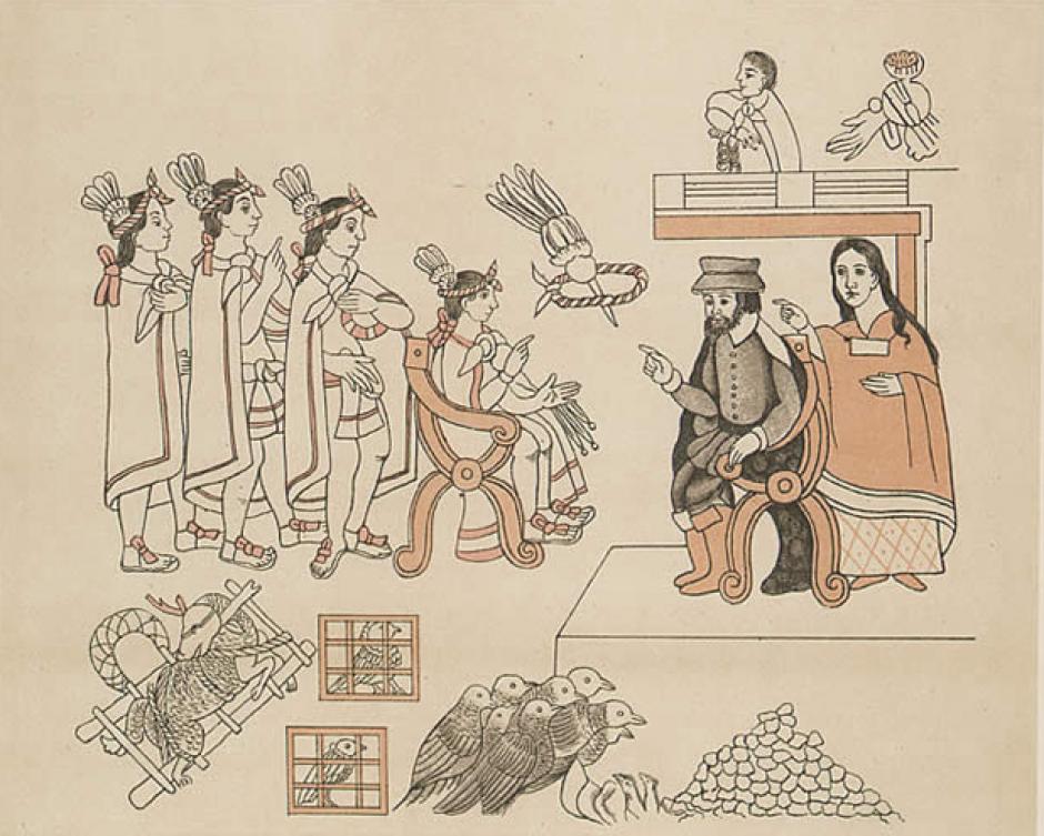 Lienzo de Tlaxcala: Hernán Cortés y Malintzín en su encuentro con Moctezuma II en Tenochtitlan