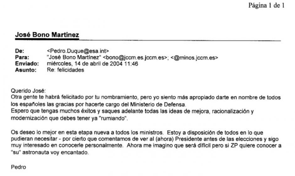 El e-mail de Pedro Duque a José Bono en 2004