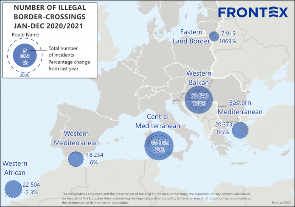 Número de entradas ilegales a Europa entre enero y diciembre de 2021 y variación respecto a 2020