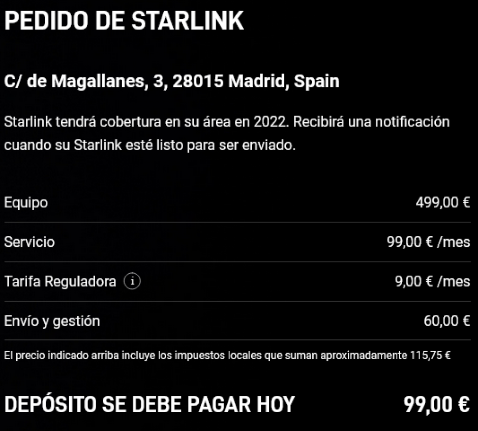 La web detalla todos los gastos previos y mensuales a la instalación de Starlink