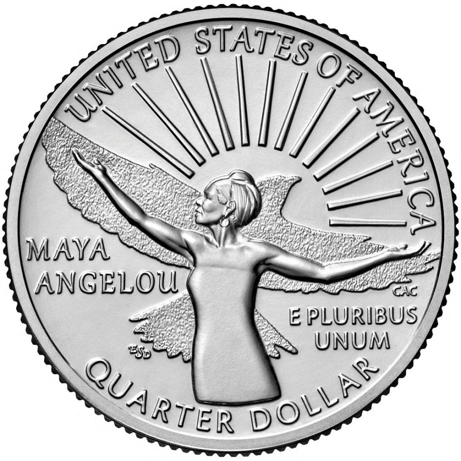 Una moneda de un cuarto con la esfinge de la poeta afroamericana Maya Angelou