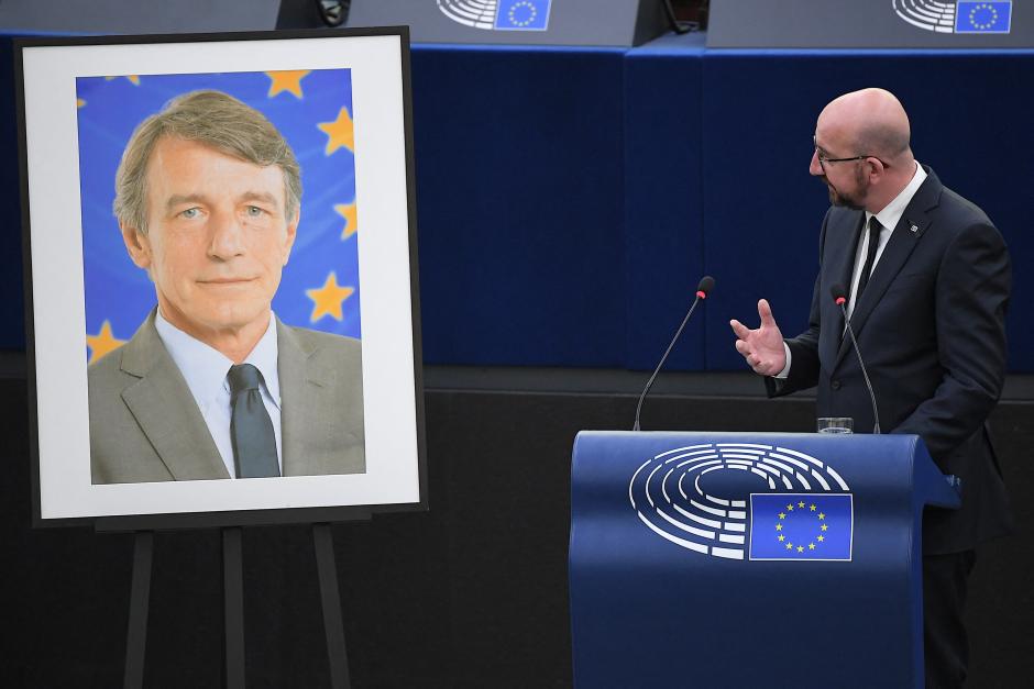 El presidente del Consejo Europeo Charles Michel durante su discurso en el homenaje a Sassoli
