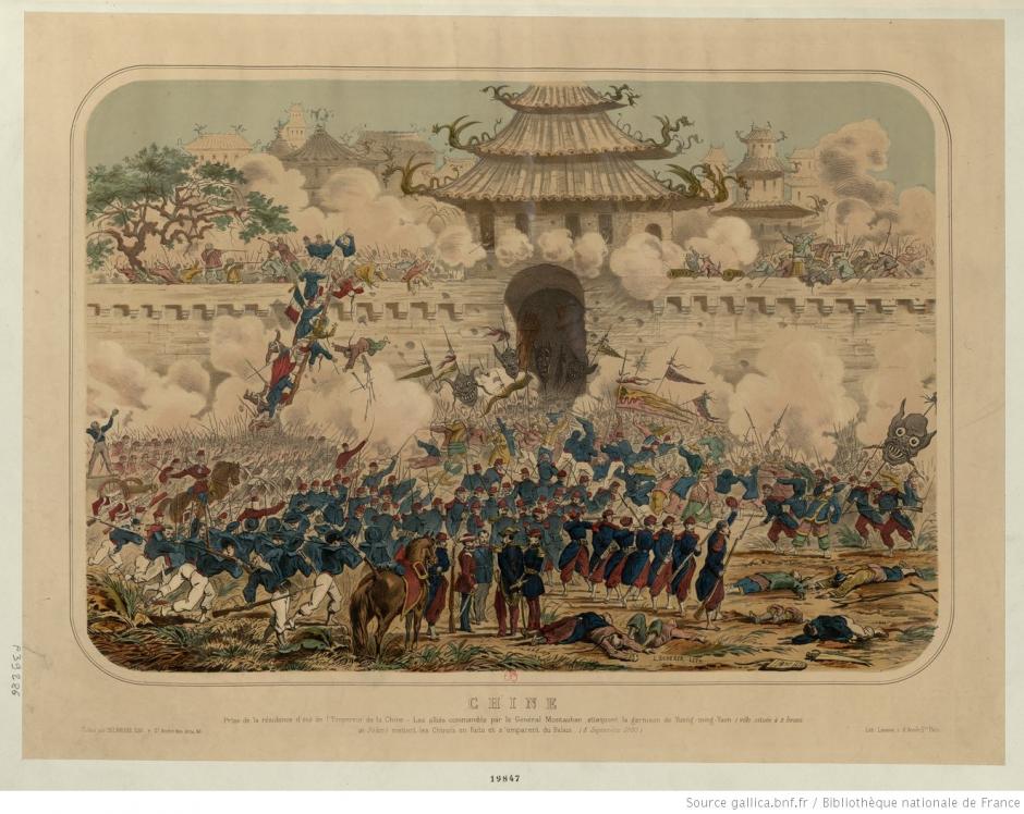 La toma del Antiguo Palacio de Verano del Emperador, Pekín, 1860. Scherer, L. Lithographe (litografía coloreada coloreada), 1856 1860