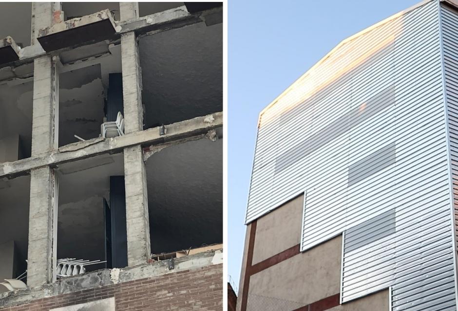 La fachada que voló por los aires está recubierta con planchas metálicas un año después