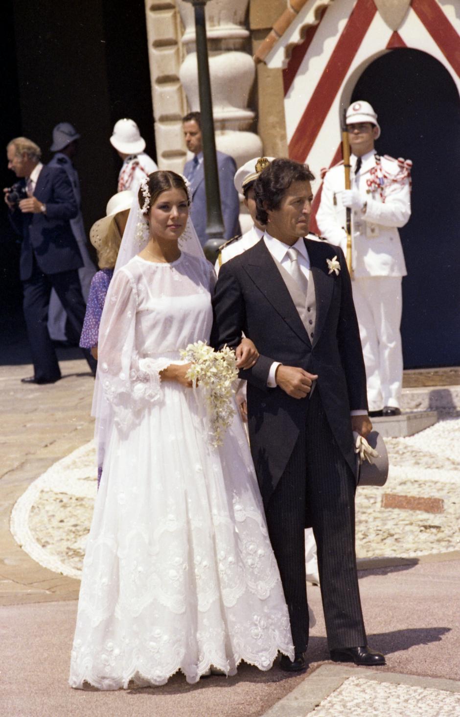 Princess Caroline of Monaco stands with her husband Philippe Junot at the entrance of the Monaco Palace after their church wedding in Monaco, June 29, 1978.