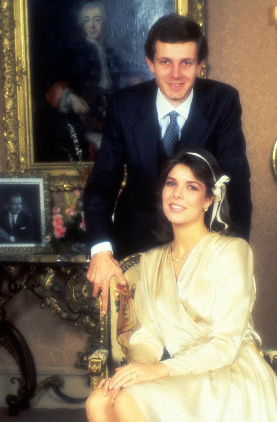 Princess Caroline of Monaco poses with her second husband Stephano Casiraghi after their civil wedding at the royal Palace in Monaco, December 29, 1983.