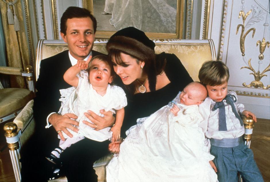 Princess Caroline of Monaco sits on a sofa with her husband Stefano Casiraghi and their children (l-r) Charlotte Marie Pomeline, baptized Pierre and Andrea Albert on December 19, 1987. The youngest son Pierre of Princess Caroline of Monaco and Stefano Casiraghi was baptized on December 19, 1987.
