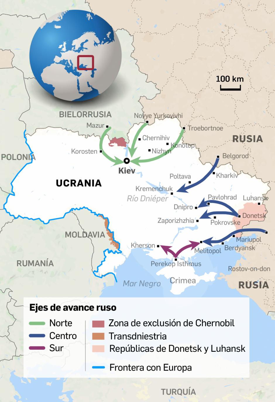 Posibles rutas de invasión de Rusia sobre Ucrania