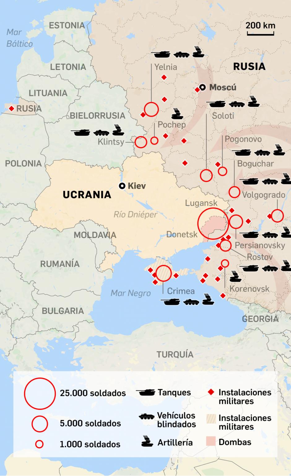 Posiciones de las tropas rusas en las fronteras con Ucrania