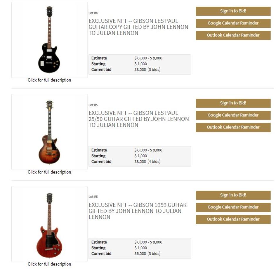 Las guitarras cuyos NFT serán subastados en la web de Julien's Auctions