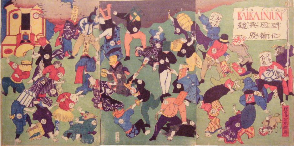Alegoría del Nuevo luchando contra el Viejo, a principios del Japón Meiji, alrededor del año 1870