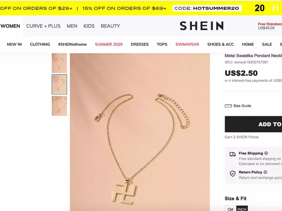 Shein vendió durante semanas su collar con una esvástica hasta que fue retirado