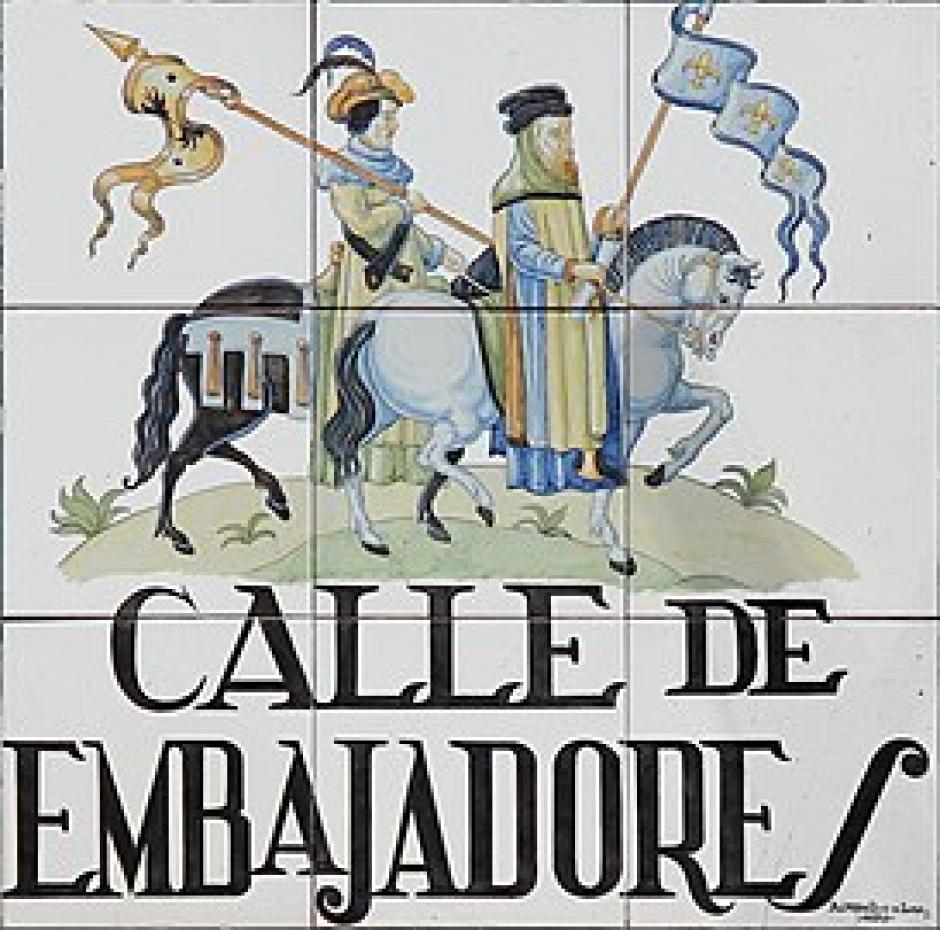 Sign of CALLE DE EMBAJADORES (street) in Centro district in Madrid (Spain).