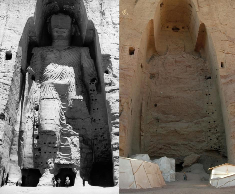 Comparación de un nicho gigante con una estatua (izquierda, foto de 1963) y sin ella (2009)