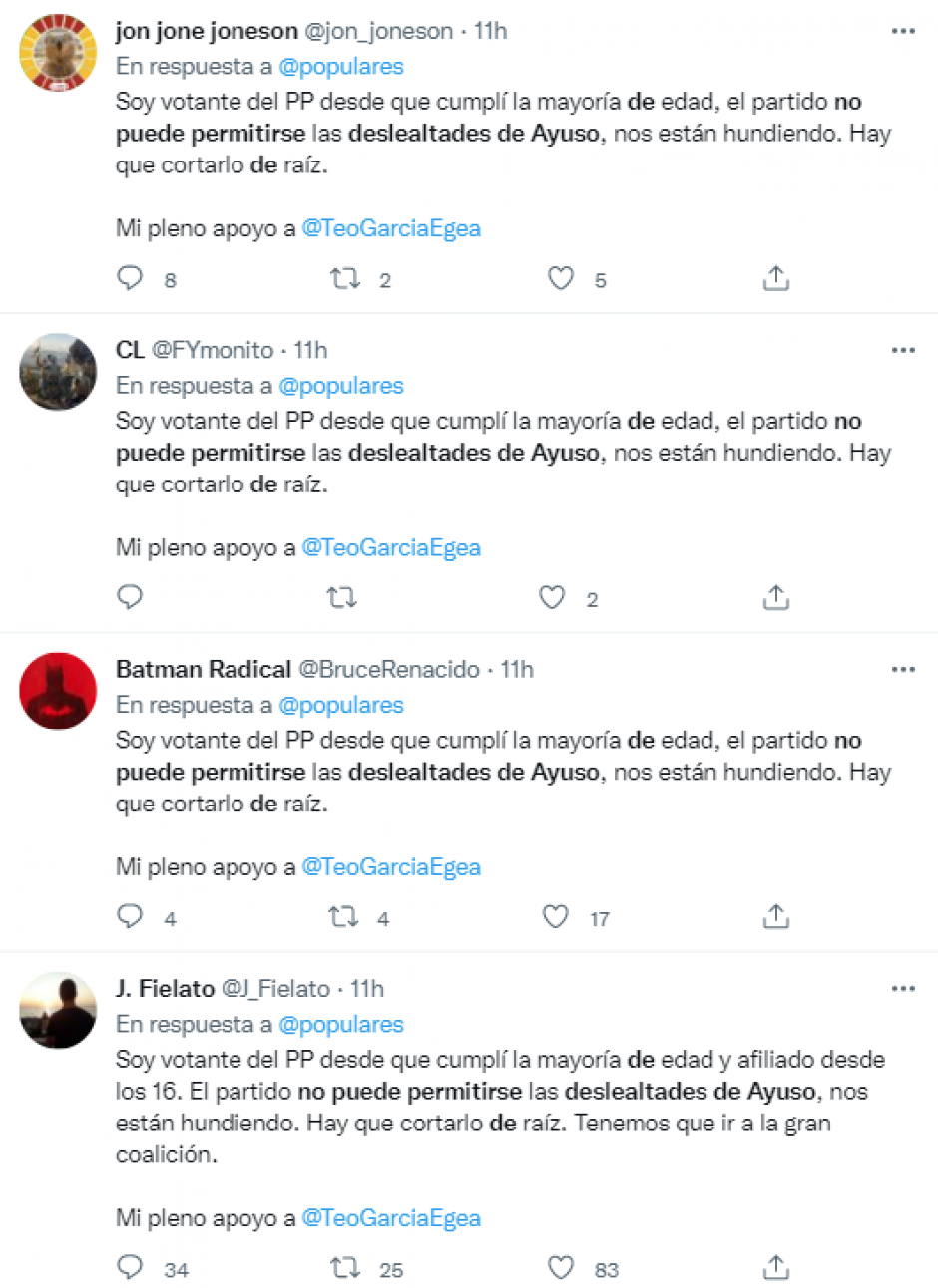 Mensajes idénticos de apoyo al secretario general del PP, García Egea, en Twitter