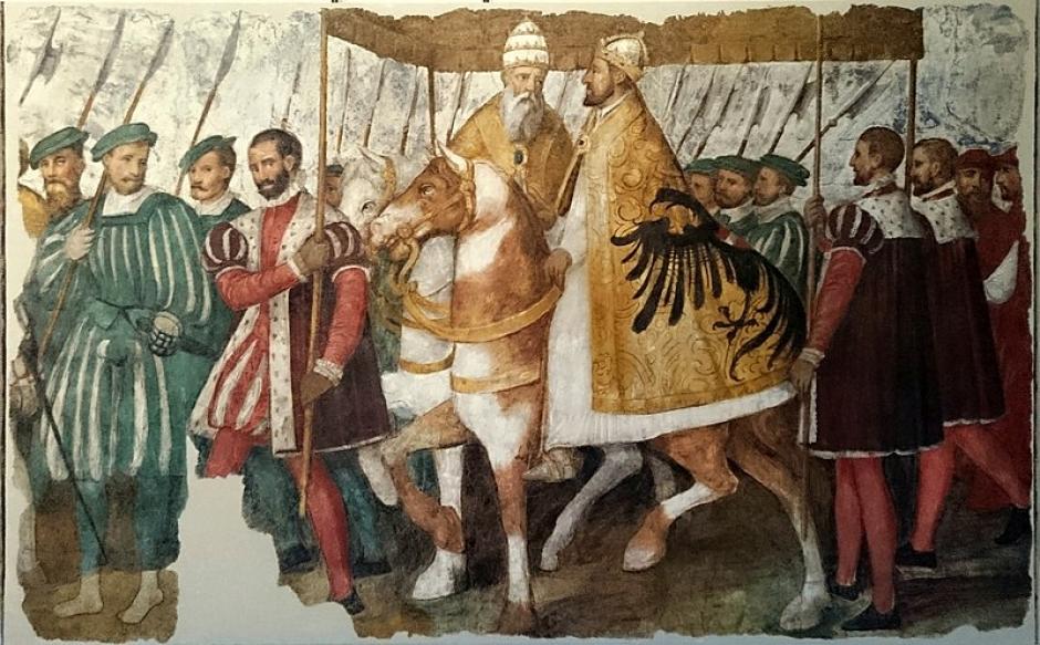 El Papa Clemente VII y el Emperador Carlos V a caballo bajo un dosel , por Jacopo Ligozzi c. 1580