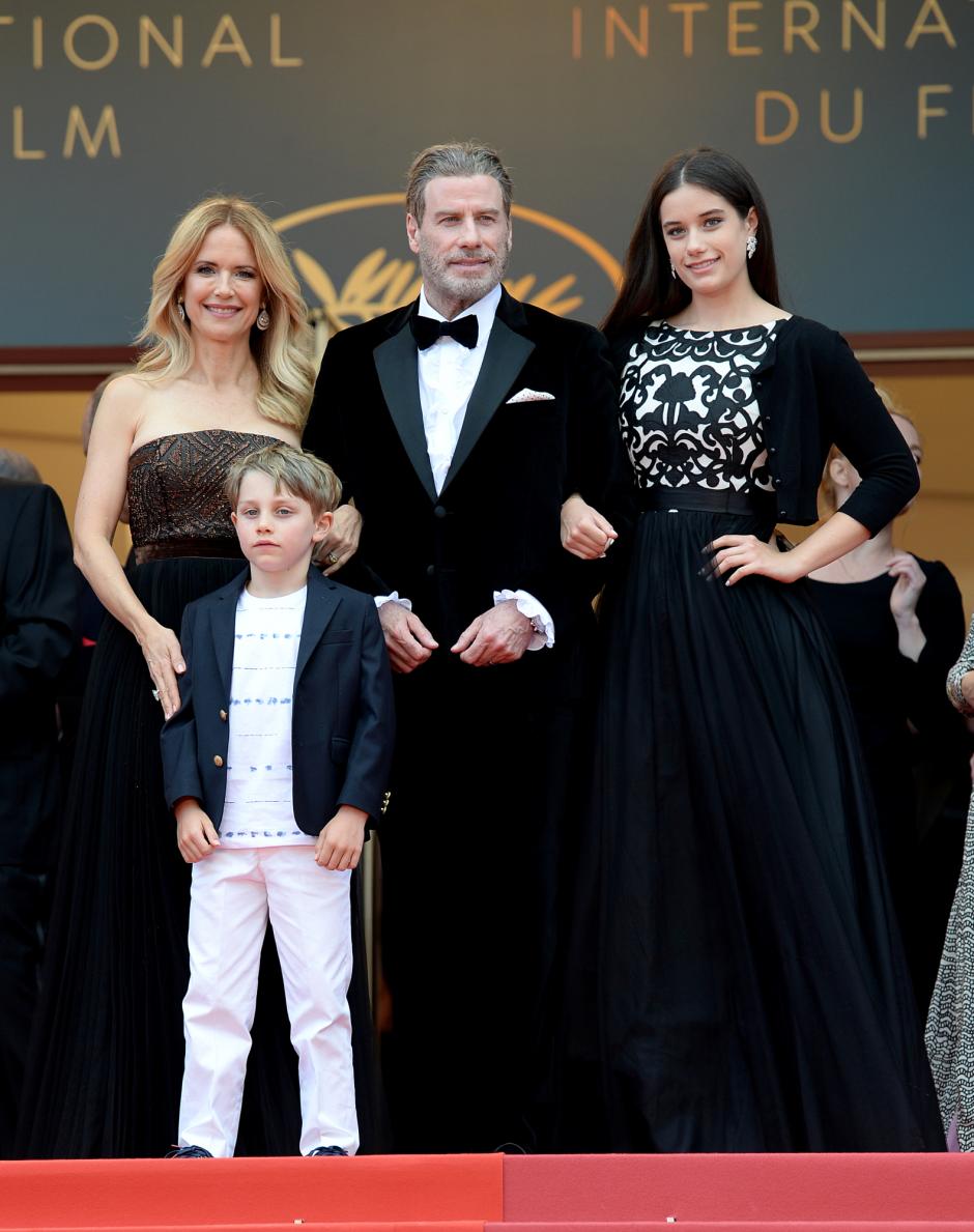 Actors Kelly Preston, Benjamin Travolta, John Travolta and Ella Bleu Travolta at the premiere of the film 'Solo: A Star Wars Story' at the 71st international film festival, Cannes, southern France, Tuesday, May 15, 2018.