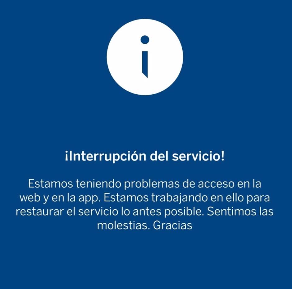 Mensaje para los clientes de BBVA que tratan de acceder a la app móvil