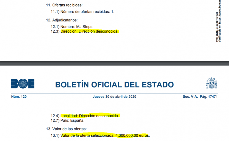 Imagen del BOE donde se muestra el pago de 4,3 millones de euros a una empresa de procedencia desconocida