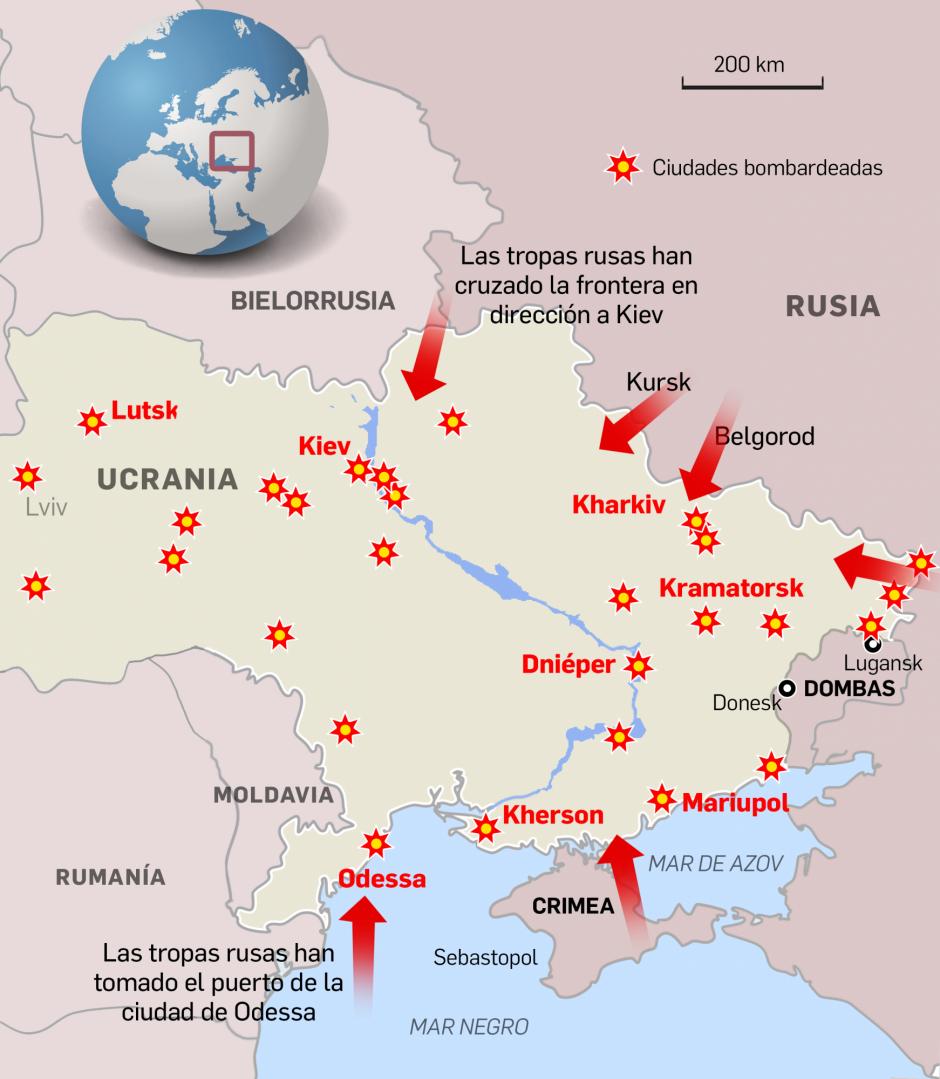 Mapa que enseña el avance ruso en Ucrania