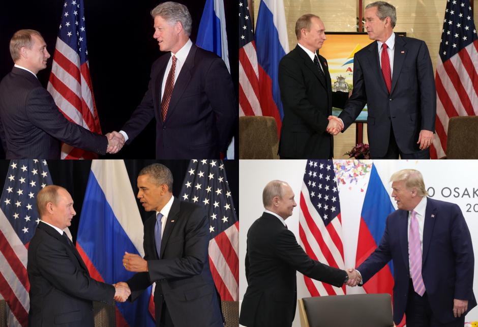 Vladimir Putin con los cuatro presidentes de los Estados Unidos con los que ha coincidido en el poder: Bill Clinton, George W. Bush, Barack Obama y Donald Trump
