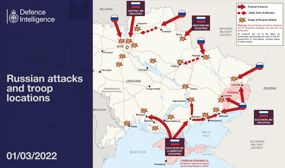 Mapa elaborado por el ministerio de Defensa británico con las posiciones de las tropas rusas en Ucrania