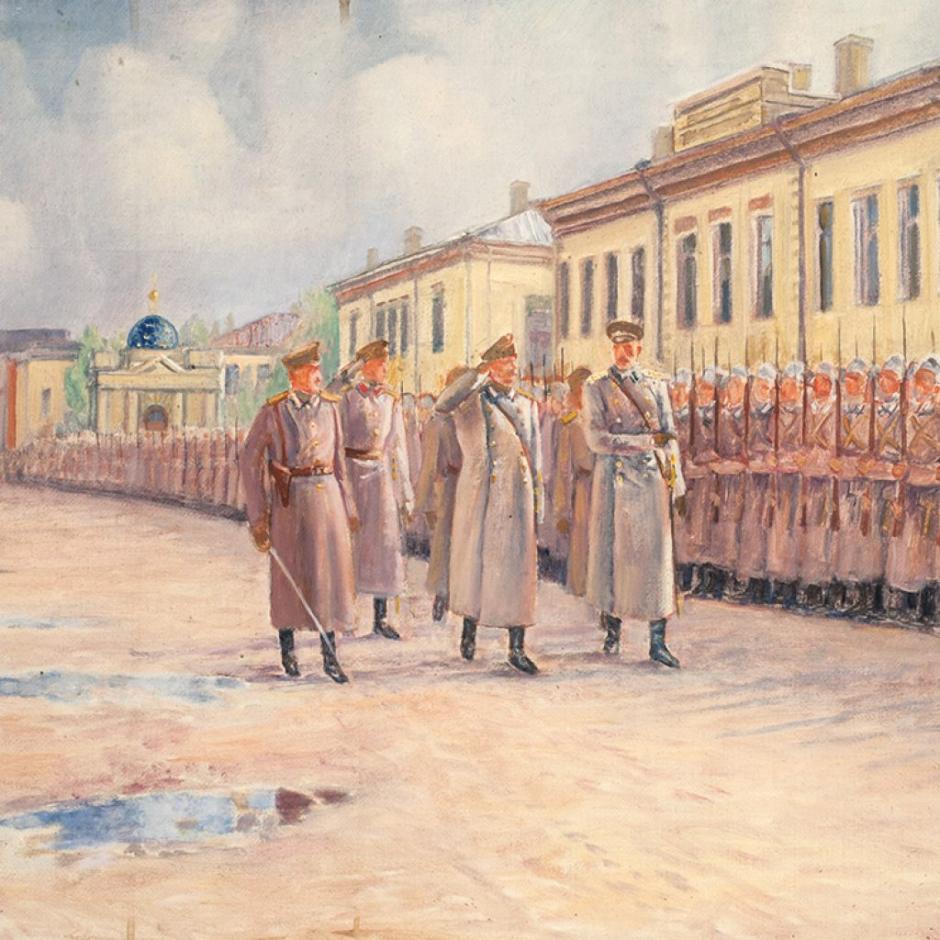 'Inspección del regimiento de Izmáilovo antes de su partida al frente', de Kuzma Petrov-Vodkin, 1916