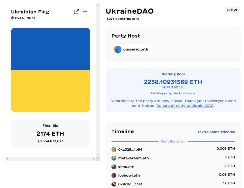 Imagen de la subasta realizada en Ethereum por Ukraine DAO