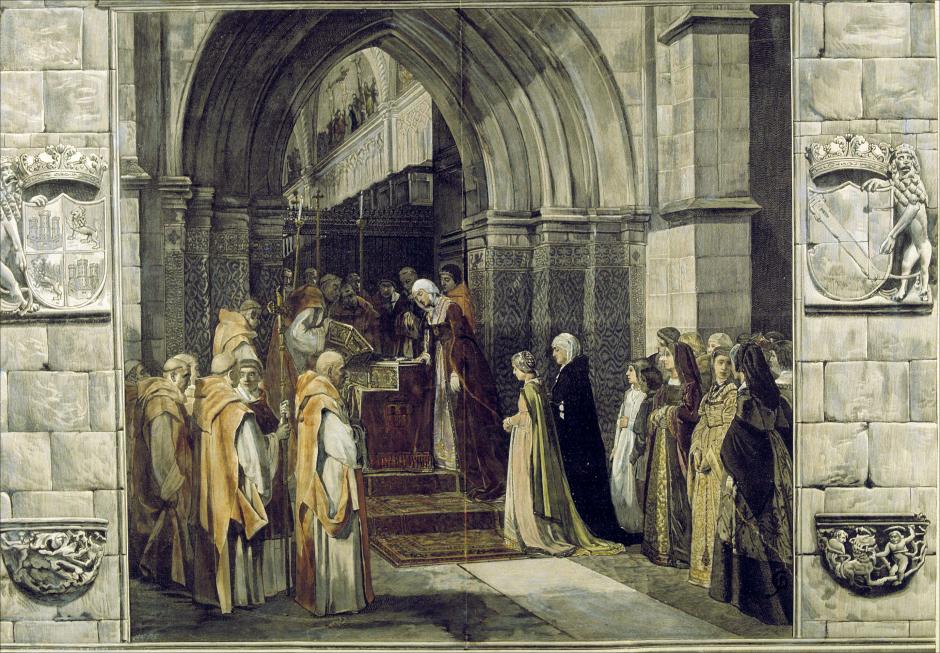 "Isabel la Católica en la cartuja de Miraflores" Grabado de un cuadro de Luis Álvarez