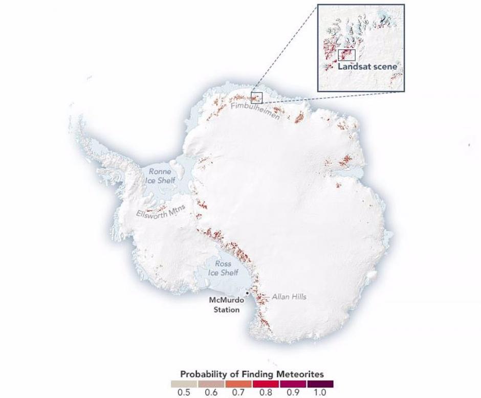 Mapa de probabilidad de encontrar meteoritos en la Antártida